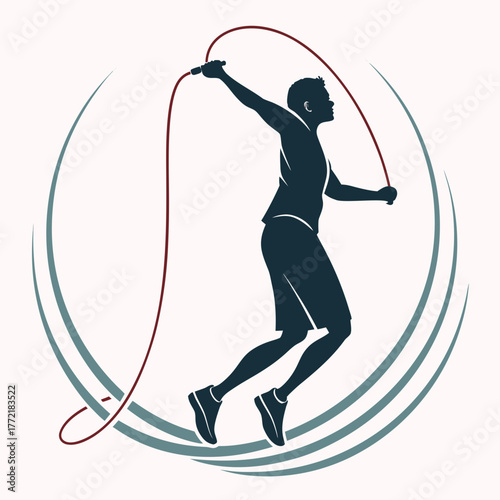 Dynamic silhouette of a fit young man mid jump while skipping rope executing an athletic jump rope exercise for cardiovascular fitness and agility training