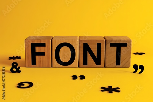 Wallpaper Mural Wooden Blocks Spelling the Word FONT Surrounded by Punctuation Marks on a Yellow Background Keywords: font, typography, typeface, letter, alphabet, text, word, wooden blocks, cubes Torontodigital.ca