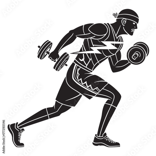 Dynamic silhouette of a muscular man in athletic wear performing bicep curls with dumbbells while running symbolizing strength training and fitness