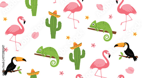 Colorful tropical seamless pattern with flamingos, chameleons, toucans, and cacti in sombreros, adorned with small flowers.