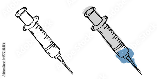 Grunge sketch hand-drawn vector syringe. Ideal for medical, vaccination, and injection themes. This graphic symbolizes healthcare and treatment with a distressed, rough aesthetic.
