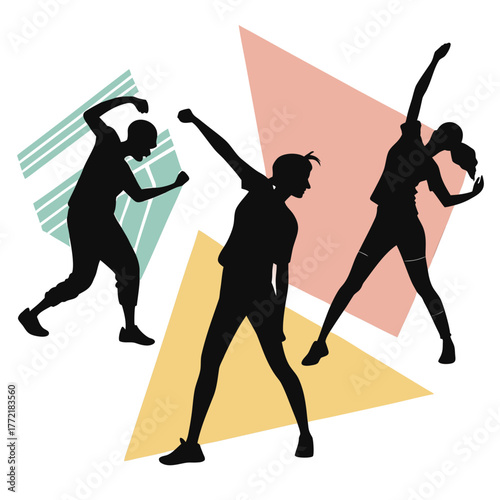 Dynamic silhouettes of three diverse individuals engaged in energetic dance or fitness movements against a backdrop of abstract geometric shapes in pastel colors
