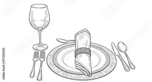 Detailed black and white illustration of an elegant formal dinner table setting, featuring a wine glass, silverware, and decorative plates.