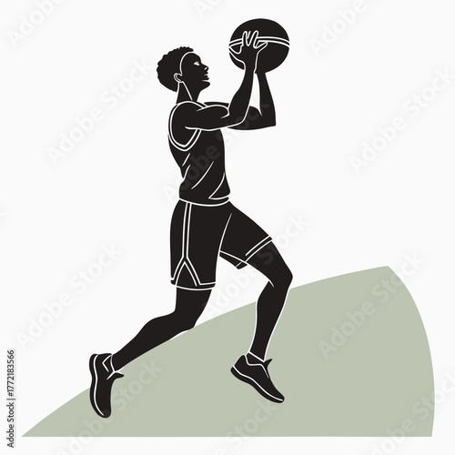 Dynamic silhouette of a young basketball player in mid jump shooting the ball with intense focus and athleticism on a simple background
