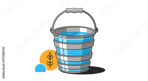 A stylized illustration of a metal bucket filled with blue water, accompanied by a plant symbol and a water icon, representing sustainability and natural resources.