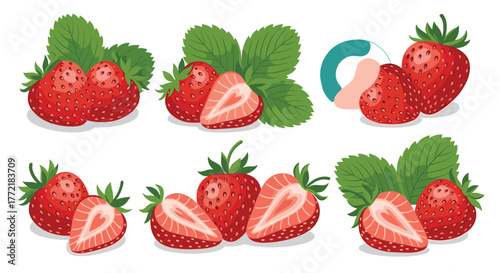 A collection of vibrant red strawberry illustrations, featuring whole and halved fruits with fresh green leaves arranged on a clean white background.