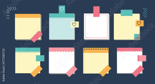 A vibrant collection of eight blank sticky notes and memo pads, featuring diverse designs, decorative tapes, and ample copy space on a dark background.
