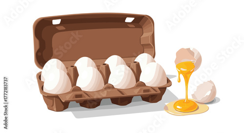 An open brown egg carton holds five fresh white eggs, with one cracked egg spilling its golden yolk and white next to broken shells.