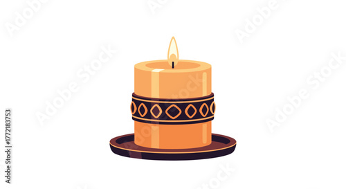 A charming pixel art candle with a decorative band on a dark plate illuminates a white background.
