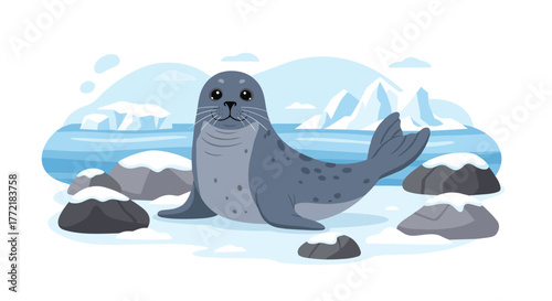 A cute spotted seal rests on a snow-covered ice floe in a tranquil polar landscape, featuring blue water, icebergs, and snowy mountains.
