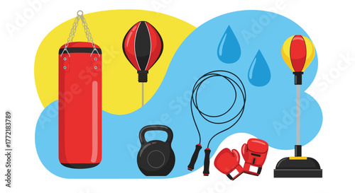 Various boxing and fitness equipment, including punching bags, gloves, a kettlebell, and a jump rope, for training and exercise activities.
