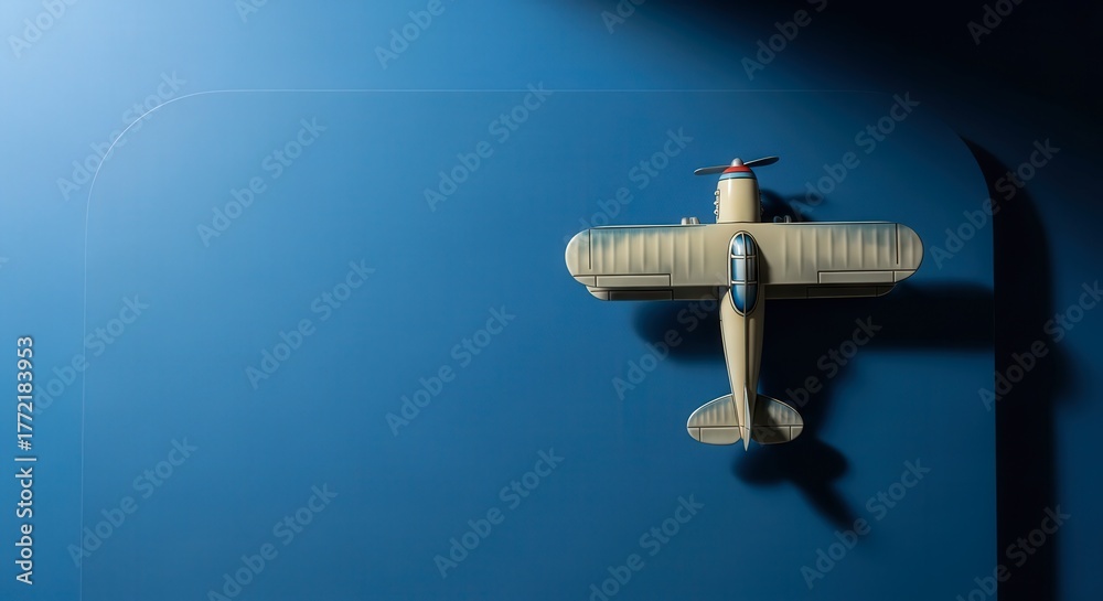 Fototapeta premium A Vintage Biplane Toy Suspended Against a Deep Blue Background