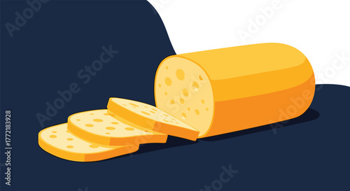 A vector illustration showing a golden loaf of sliced bread with individual pieces next to it on a split background.