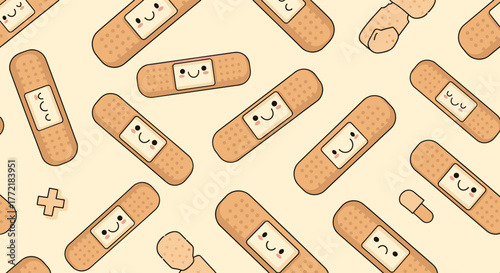 A charming seamless pattern of cute cartoon band-aids with happy and sad faces on a soft beige background, symbolizing comfort and care.