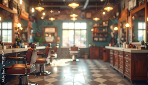 Inside a well-lit barber shop, chairs and mirrors abound