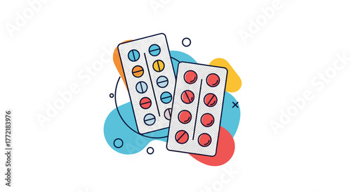 Colorful illustration of two blister packs filled with various pills and tablets, representing medicine, healthcare, and pharmaceutical products.