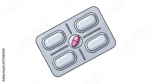 A simple illustrative depiction of a medication blister pack with one bright pink pill among several lighter-colored ones, on a white background.