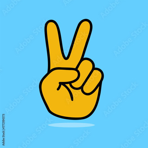 Cartoon hand showing the sign of victory on a light blue background