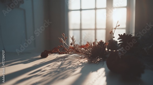 Morning light embracing pine cones and dried flowers cozy home photography indoor setting calm atmosphere