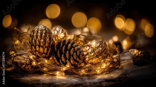 Festive holiday decor with golden pinecones cozy atmosphere decorative lights warm environment close-up view seasonal charm
