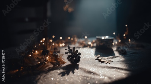 Enchanted winter decor with pinecone and lights cozy indoor setting still life photography soft lighting serene atmosphere