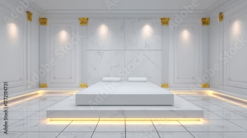 Elegant white bedroom design modern interior digital art minimalistic style eye-level view luxury concept