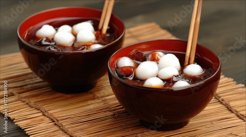 Delightful dessert experience sweet glutinous rice balls traditional asian setting food photography cozy ambiance close-up shot