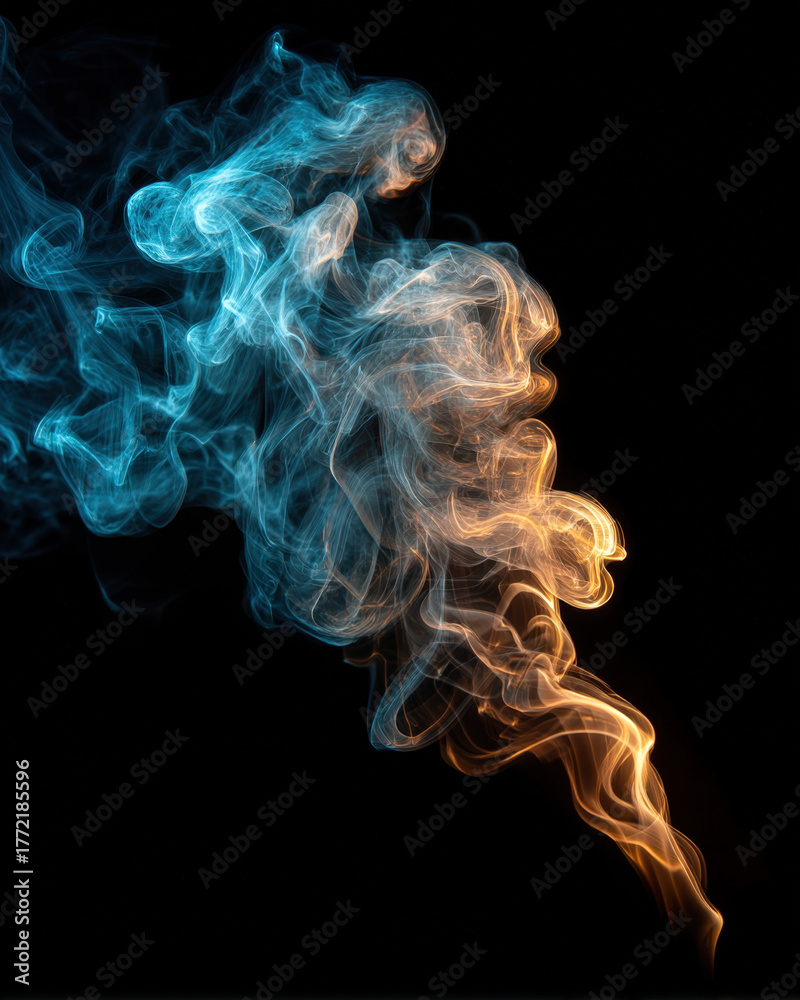 Obraz premium Soft white smoke plume glowing with golden side light on black background