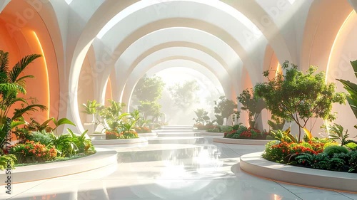 Bright, futuristic indoor botanical garden with arched ceilings and lush green plants.