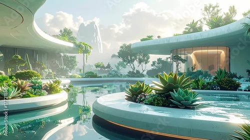 Futuristic eco-friendly building with lush gardens and tranquil water features in a serene landscape.