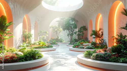 A modern indoor botanical garden with arched alcoves, lush green plants, and a circular skylight illuminating the serene space with natural light and orange accents.