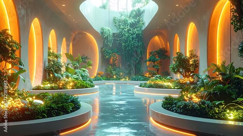 Futuristic interior with lush greenery, water features, and architectural design, bathed in warm light.