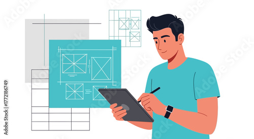 Young Designer Illustrating Digital Blueprints And Sketching Wireframes On A Tablet