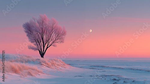 Minimalist winter snow landscape with pink sky and snow covered field, distant trees and small moon, soft pastel colors, peaceful serene atmosphere, wide perspective