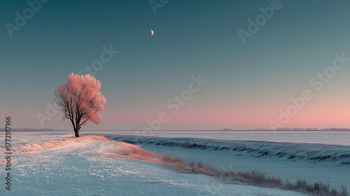 Minimalist winter snow landscape with pink sky and snow covered field, distant trees and small moon, soft pastel colors, peaceful serene atmosphere, wide perspective