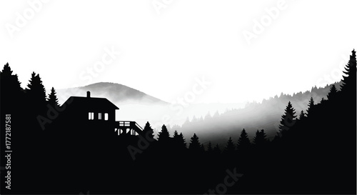 Serene cabin nestled amidst misty pine forest hills at dawn