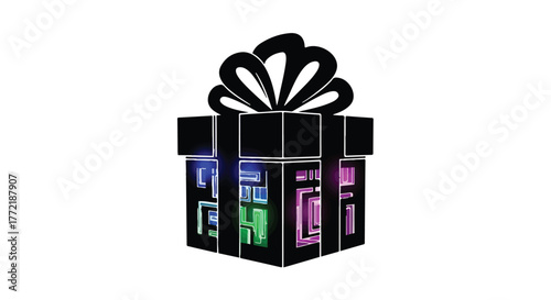 Illuminated gift box with vibrant colorful lights, symbolizing surprise and celebration.