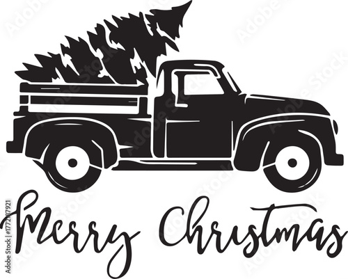 Merry Christmas, car carrying a Christmas tree