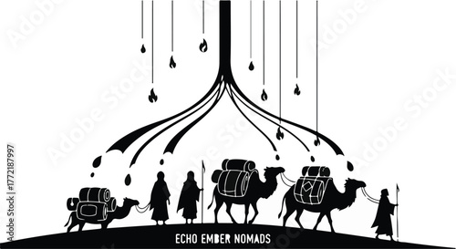 Nomadic caravan journeys through a stylized desert landscape under a unique, symbolic sky.