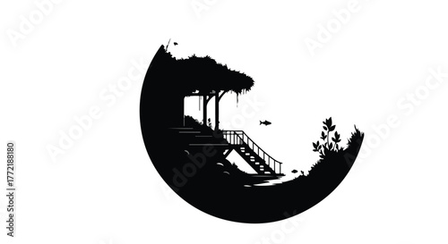Mysterious, serene silhouette of a rustic wooden pavilion nestled within a lush, dark forest.