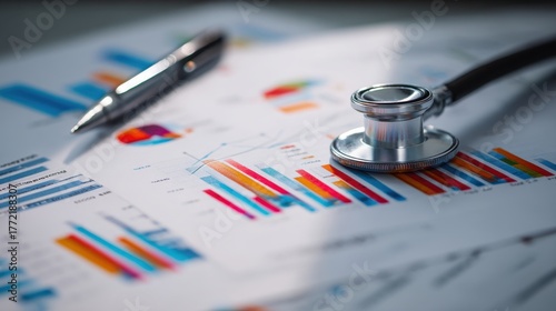 Medical Stethoscope and Financial Charts with Pen on Paper in Office Setting