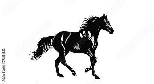 Majestic black horse in full stride, radiating power and grace against a clean white background.
