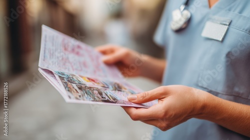 Healthcare Professional in Light Blue Uniform Holding Colorful Brochure Outdoors