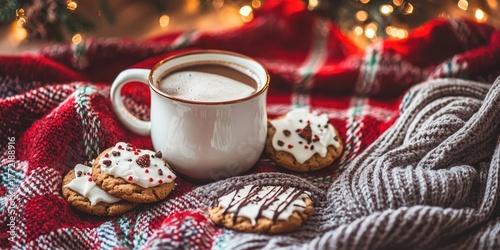 A cozy Christmas scene with a warm mug of hot cocoa and cookies on a plaid blanket, surrounded by twinkling lights and a festive tree.