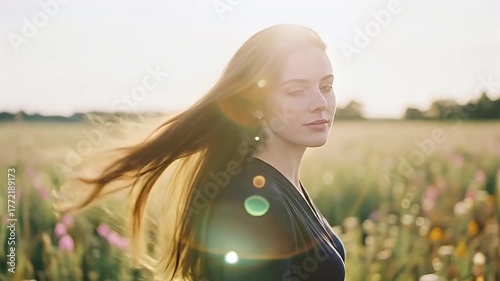 Woman in field with windblown hair gazes into the camera, bathed in golden sunlight