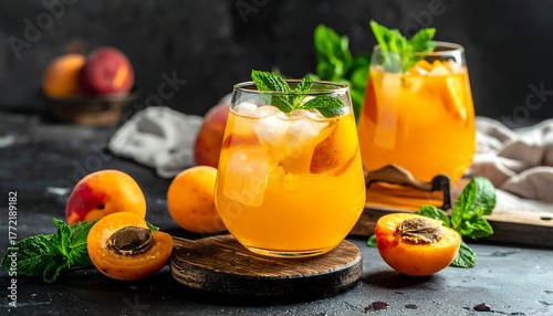 Refreshing peach-infused cocktail served with fruit and mint