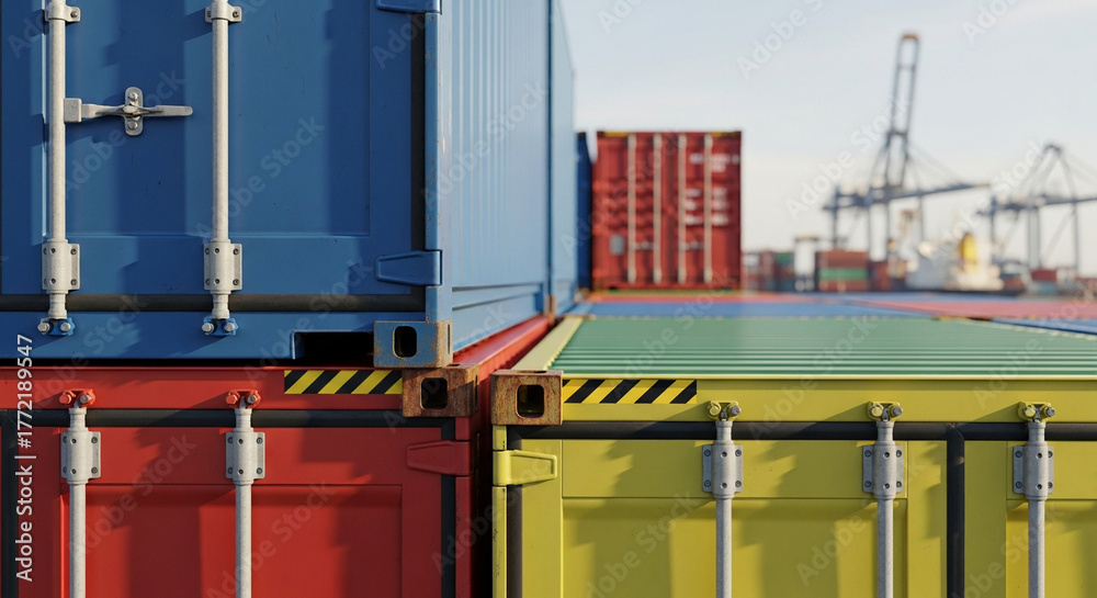 custom made wallpaper toronto digitalClose-up of stacked industrial cargo containers in a bustling shipping yard, representing global trade and supply chain management