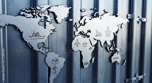 A metallic world map with icons representing the global supply chain, international shipping, and worldwide commerce on a corrugated container background