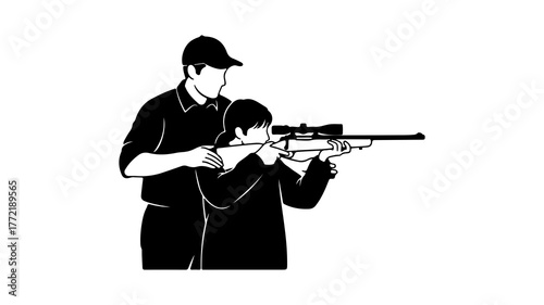 Father teaching son to shoot with transparent background