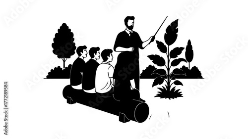 Teacher lecturing students outdoors with transparent background